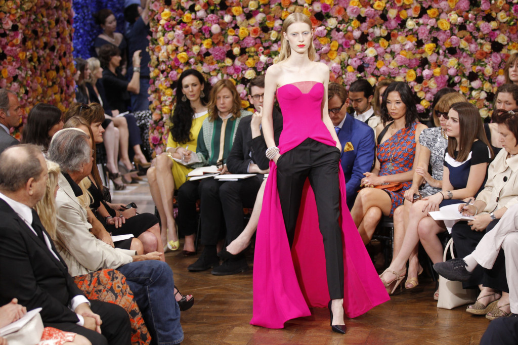 A model presents a creation by Belgian designer Raf Simons as part of his Haute Couture Fall-Winter 2012/2013 fashion show for French house Dior in Paris